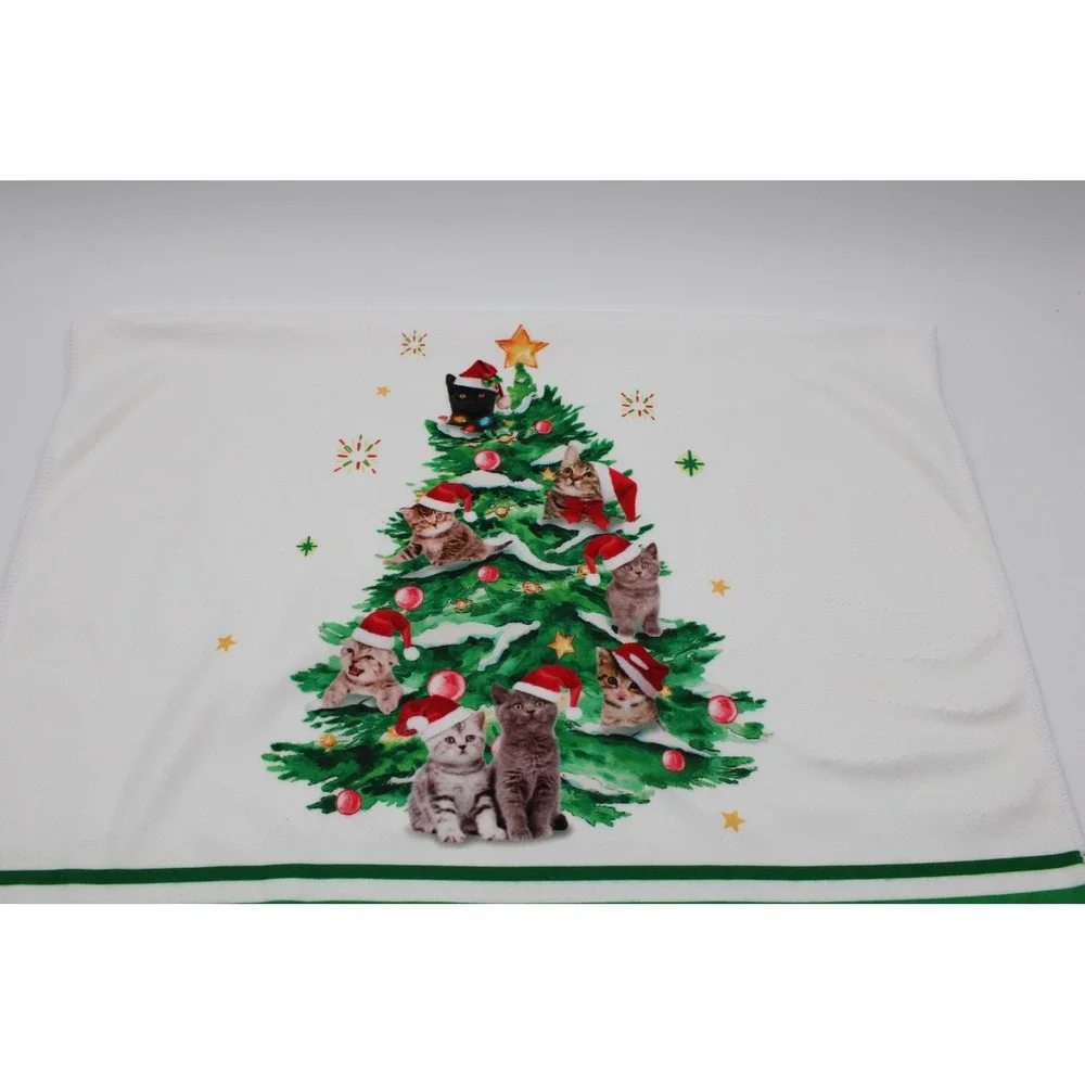 Unbranded Christmas Kitchen Towels White Green Cat Kitten Tree Holiday Set 2